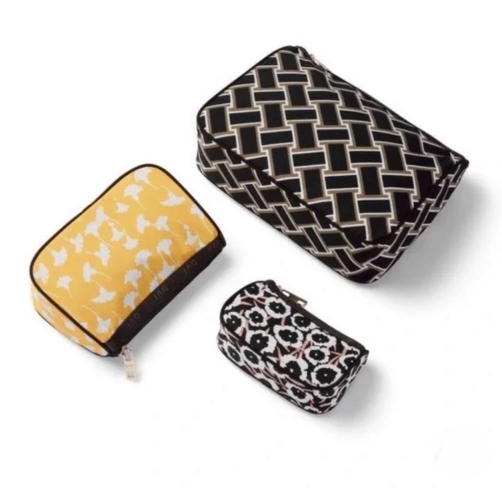 Diane Von Furstenberg Black, Yellow and White Patterned Cosmetic Pouch Set